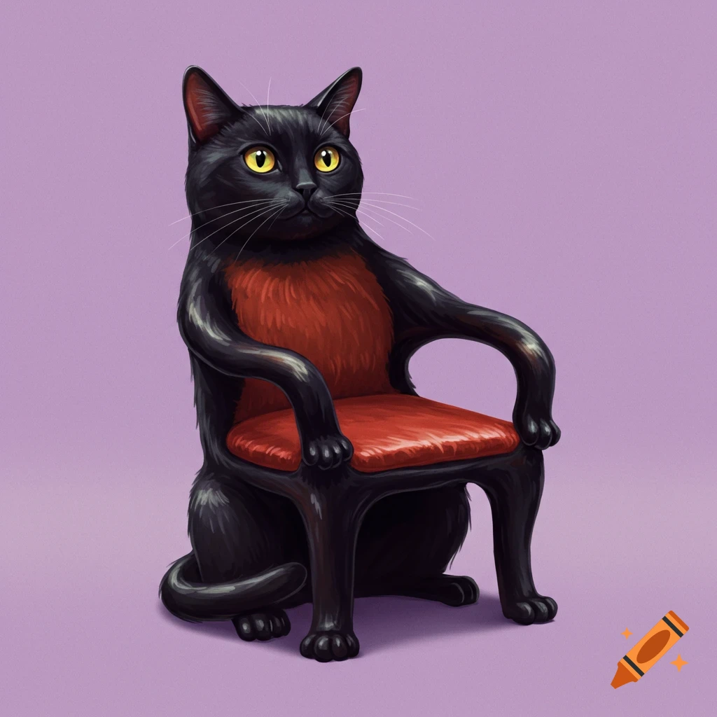 A black cat chair with red fur sits on a purple background