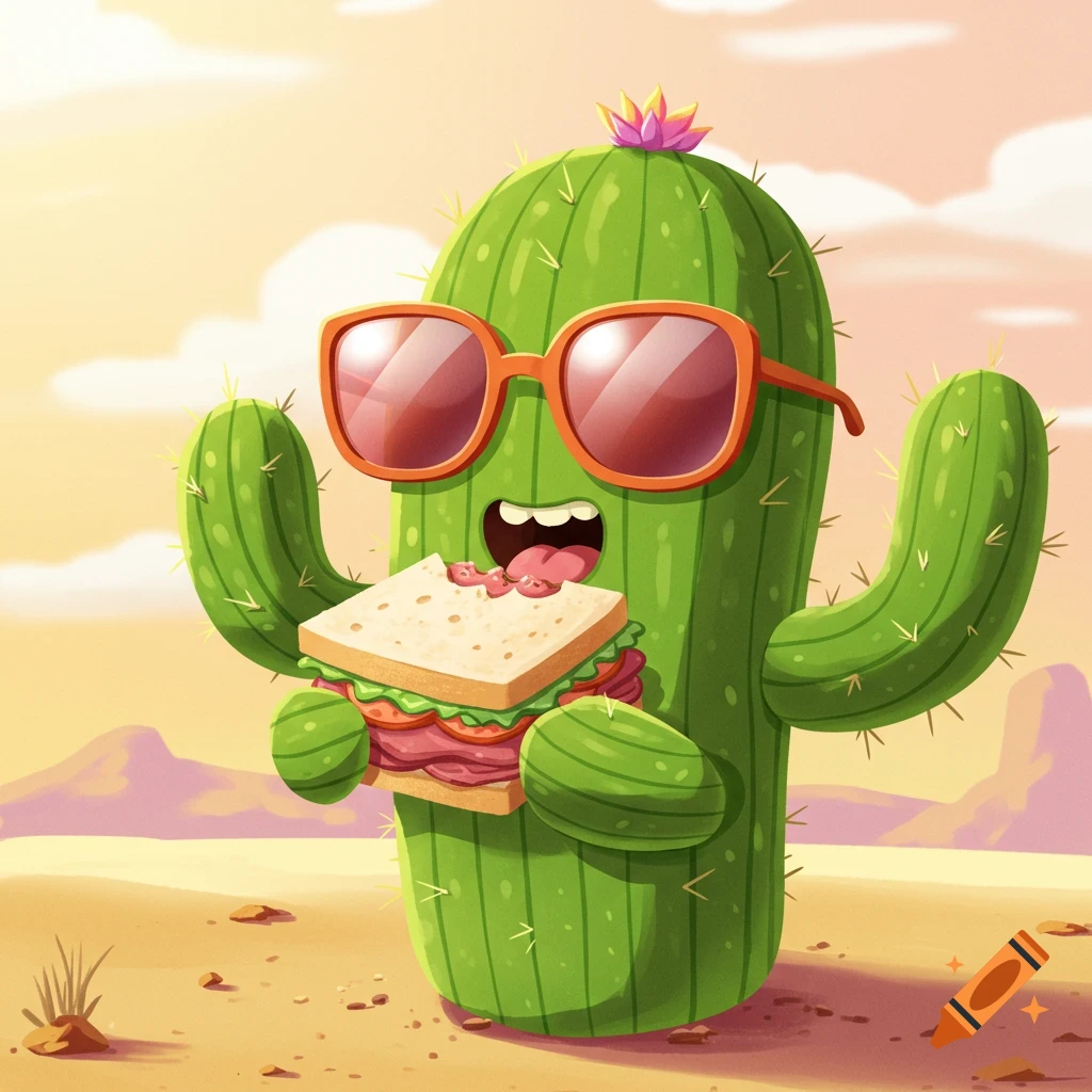 A cartoon cactus wearing sunglasses eats a sandwich in the desert.