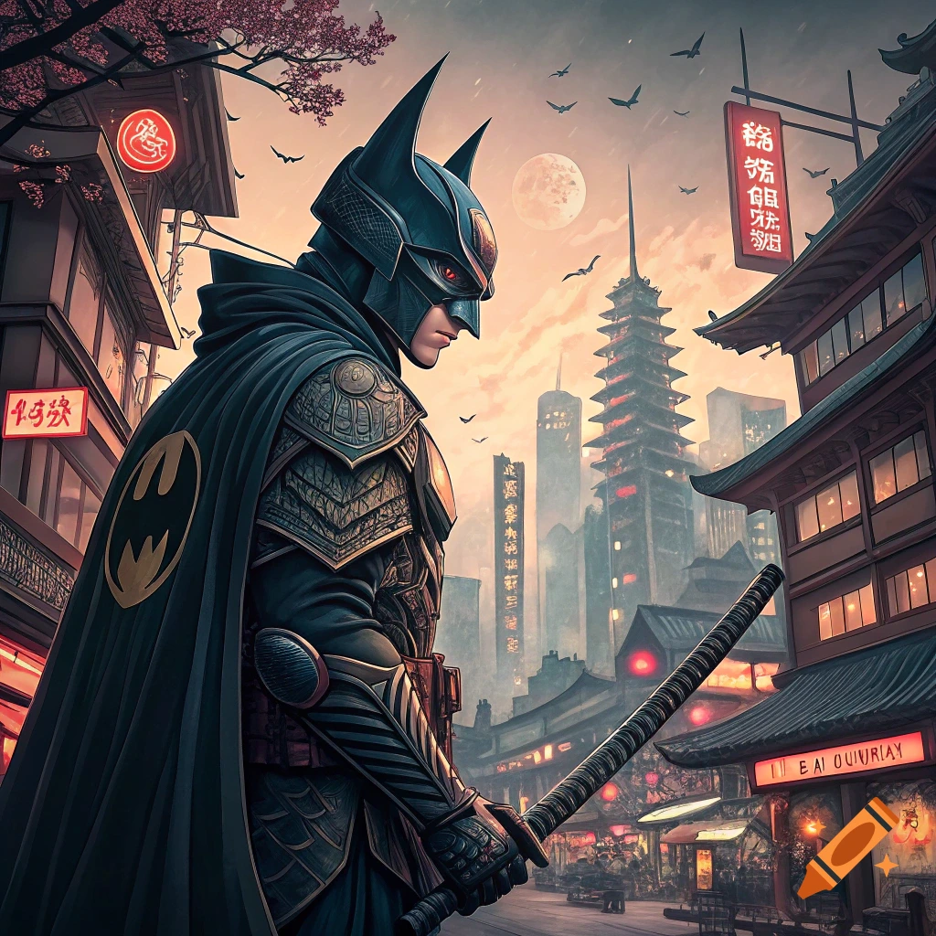Batman in samurai armor holds a katana in a Japanese-style city street at sunset.