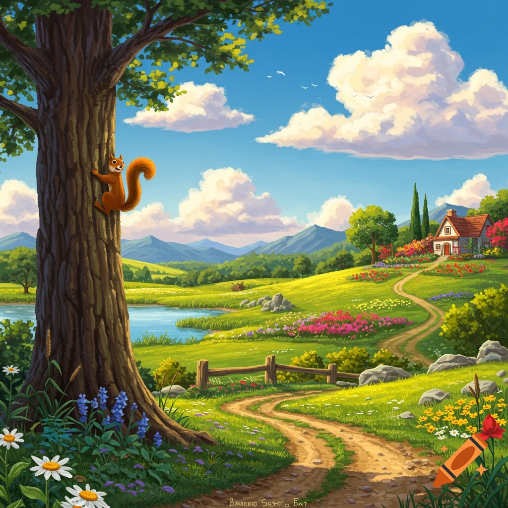 A squirrel on a tree overlooking a sunny, flowery landscape with a lake, path, and house.