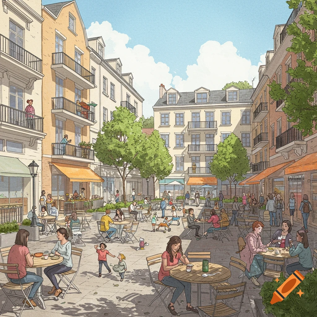 Illustration of a bustling public plaza framed by buildings with people sitting at tables and walking around.