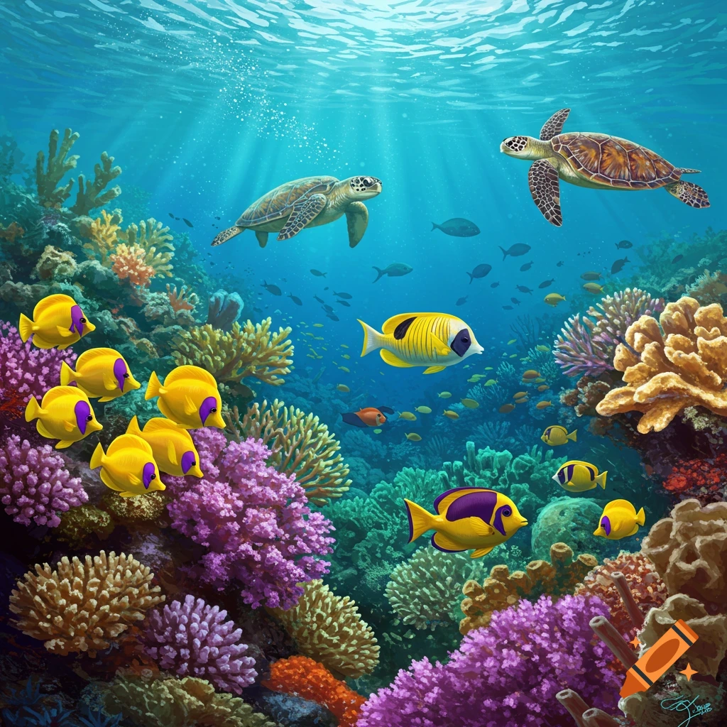 Sea turtles and fish swim around a vibrant coral reef in blue water.
