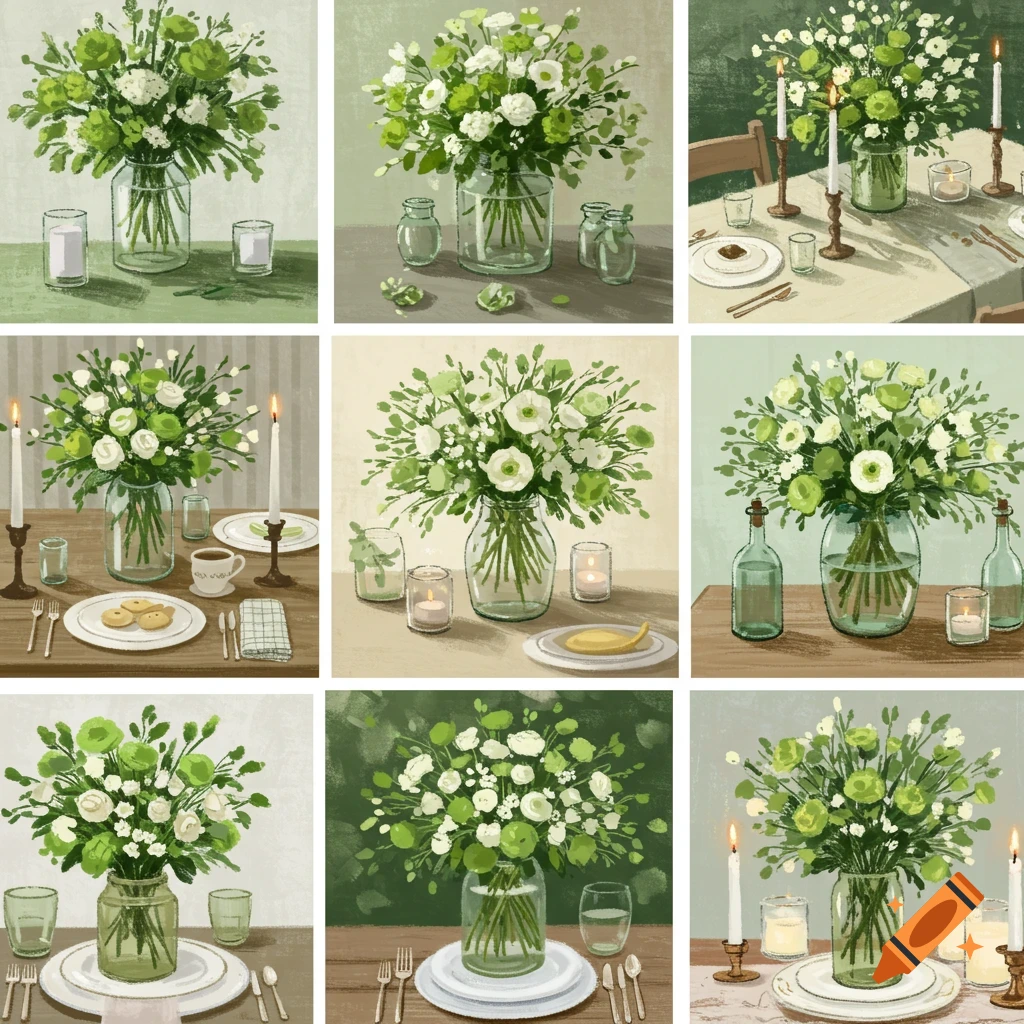 Multiple still life scenes featuring vases of green and white flowers on tables with various objects like glasses, candles, and plates.