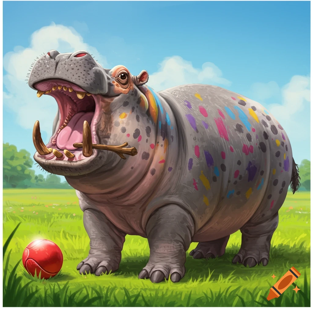 A stylized gray hippo covered in colorful paint splashes stands in a grassy field with a red ball.