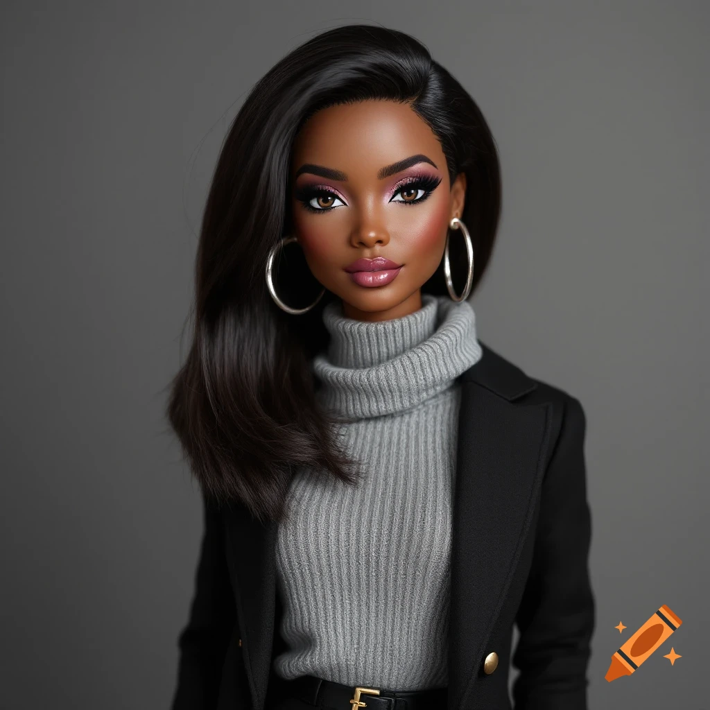 Close-up portrait of a dark-skinned fashion doll with long black hair, wearing a grey turtleneck, black blazer, and large silver hoop earrings.