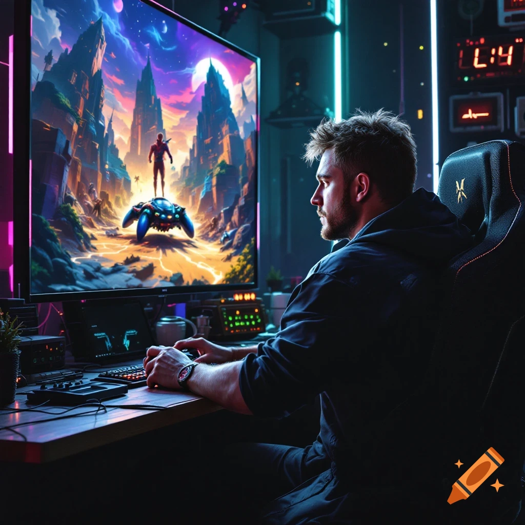 Man playing a cyberpunk-style video game on a large monitor in a futuristic room.