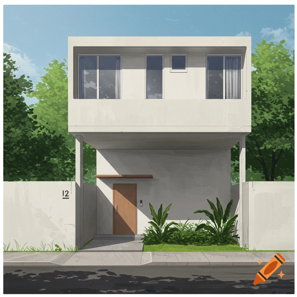 A modern minimalist two-story house with the number 12 on the wall, surrounded by trees and plants.