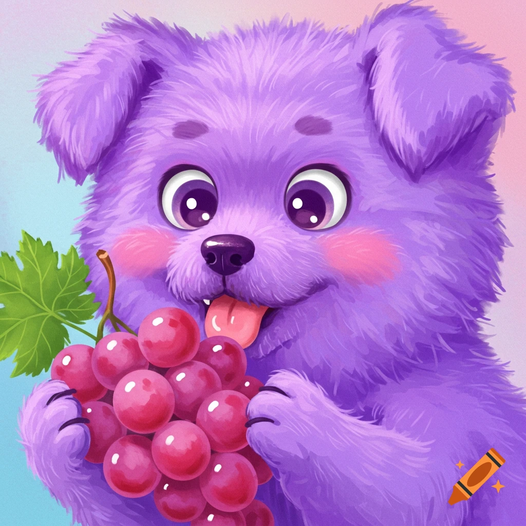 Purple dog holding a bunch of grapes.