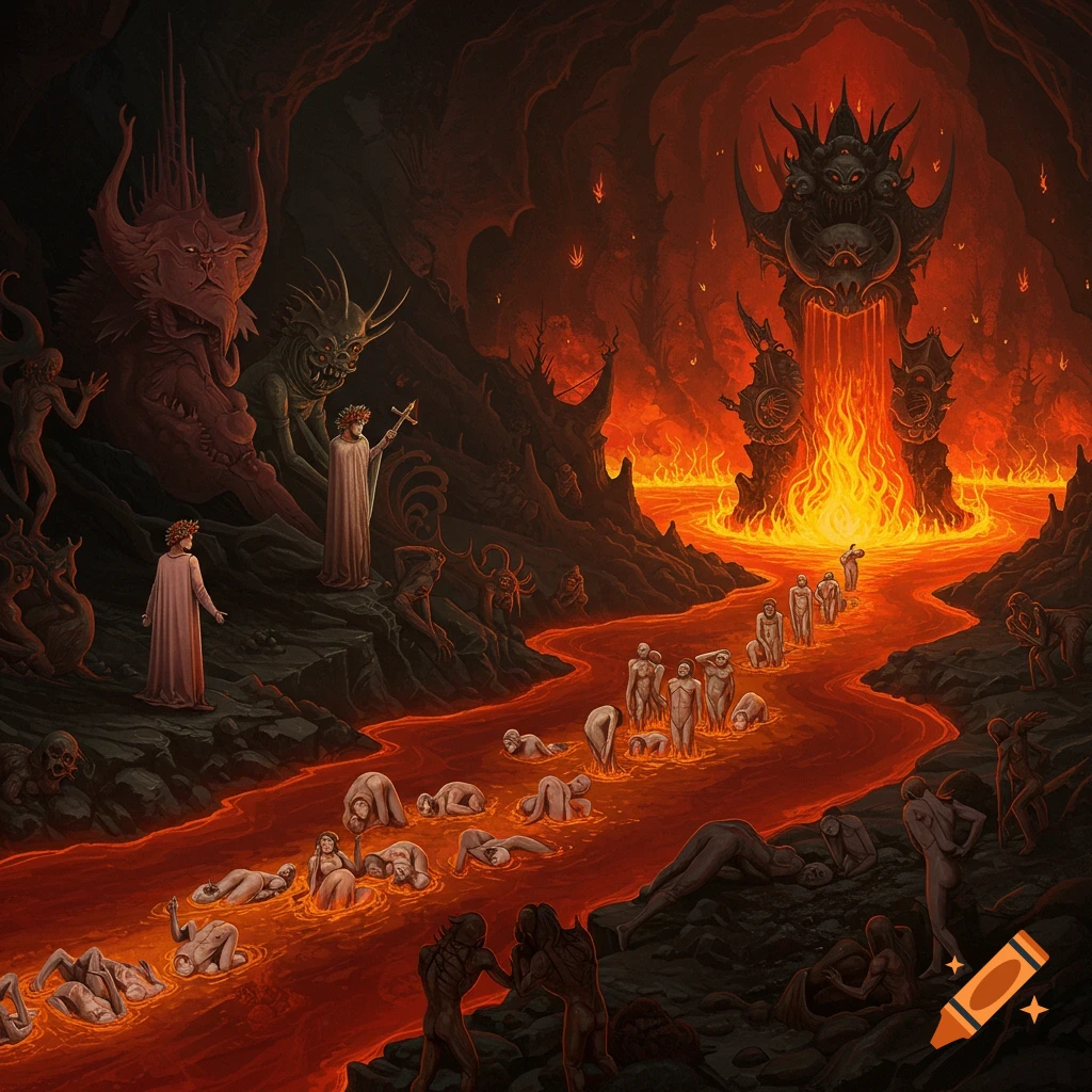 A scene from Dante's Inferno with figures in a fiery river and large demons.