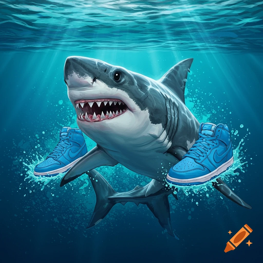 A shark swimming underwater wearing blue sneakers.