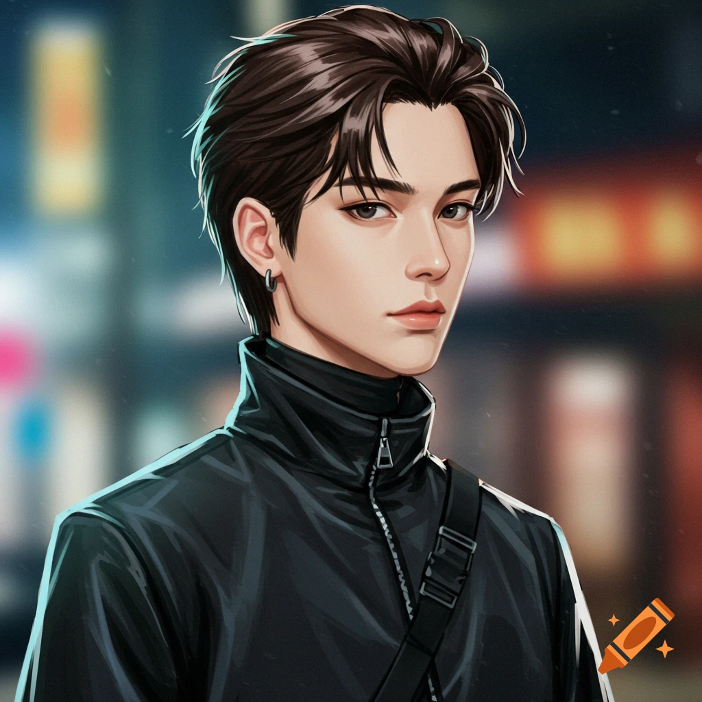 A young man in a black jacket standing in a city street at night.