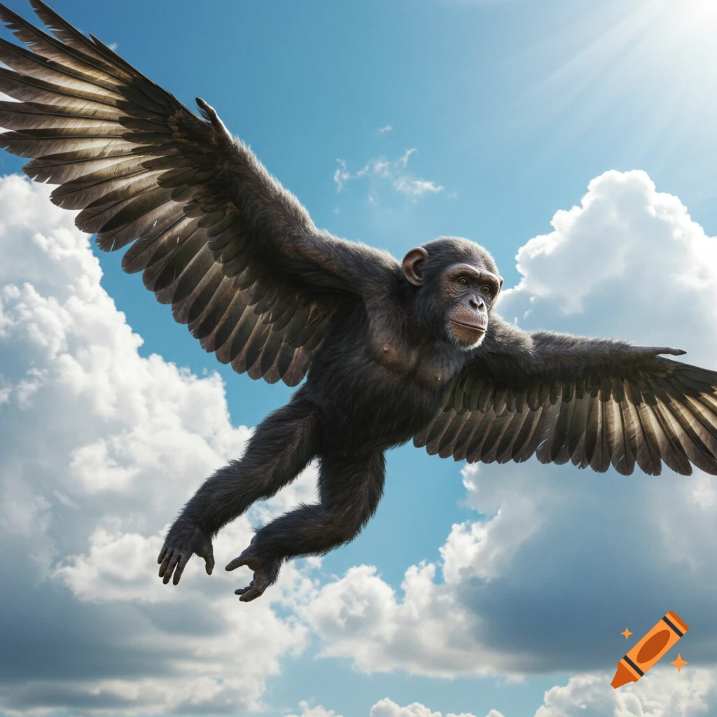Photorealistic image of a chimpanzee with large wings flying through a blue sky with clouds.