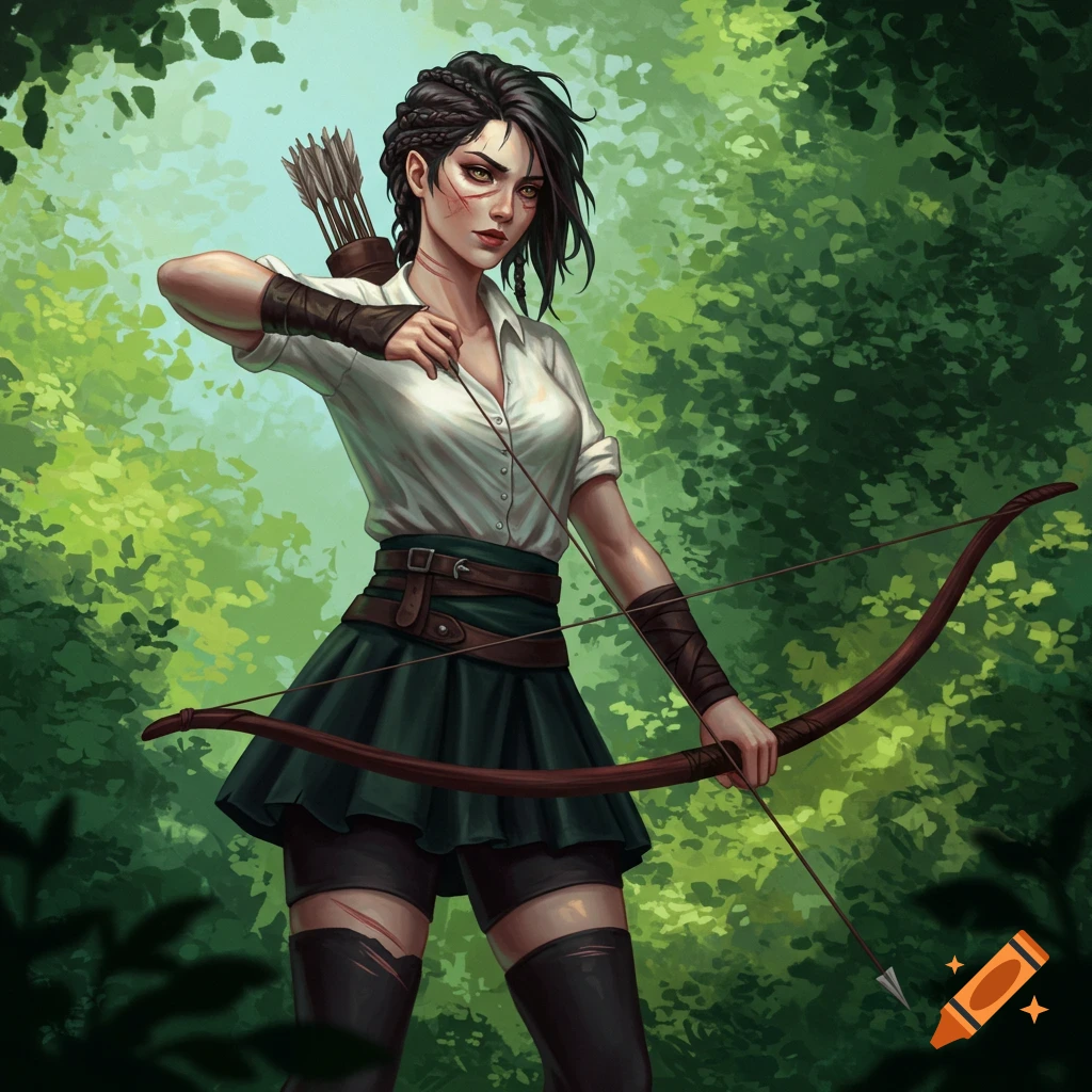A female archer drawing her bow in a forest.