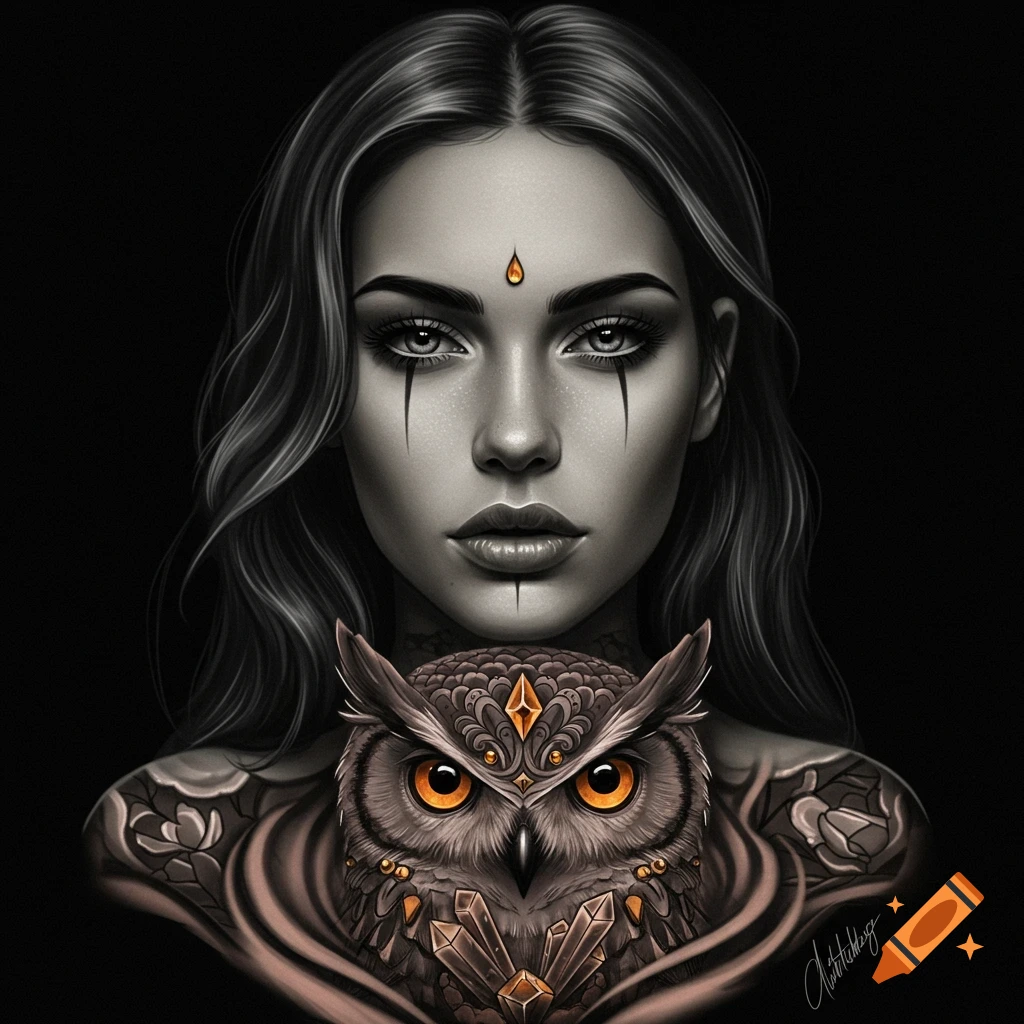 Woman with an owl adorned with crystals, in black and white with amber highlights.