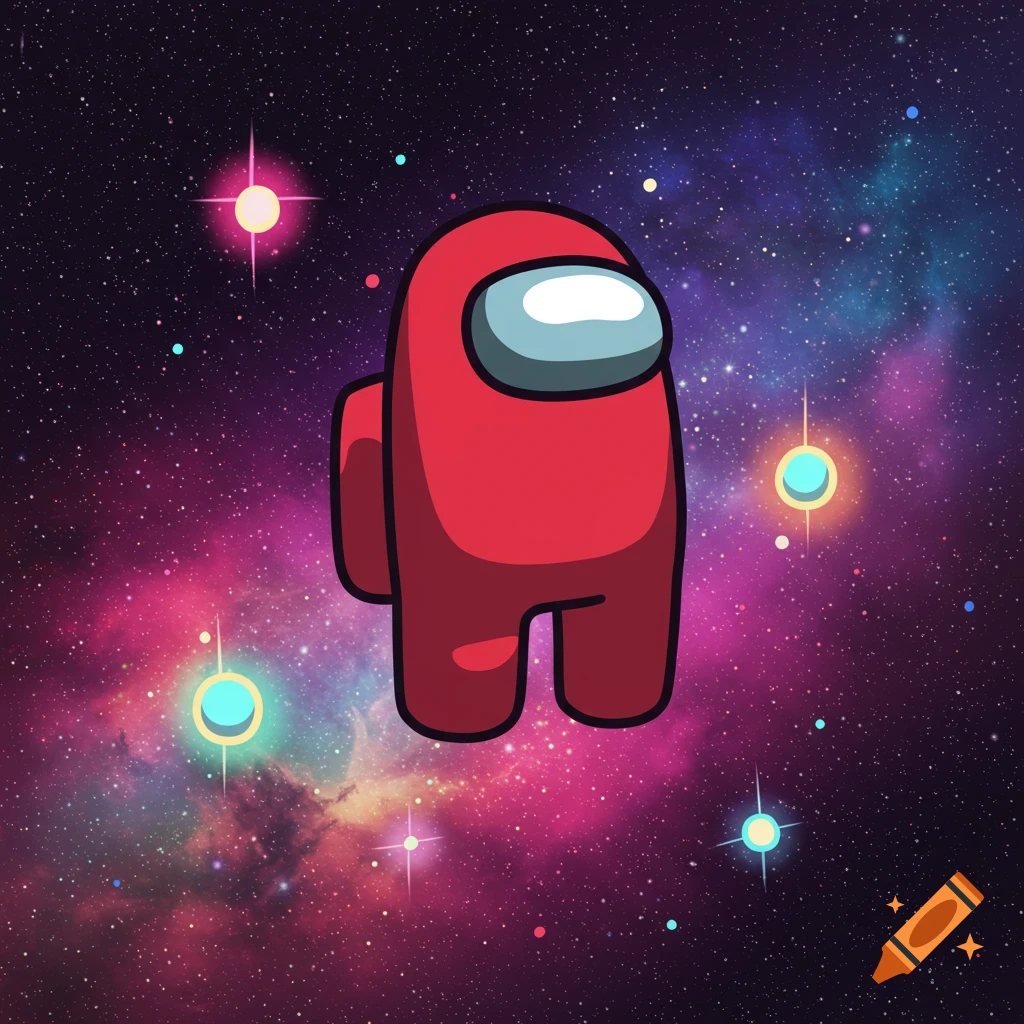 A red Among Us character floats in a colorful space nebula with stars.