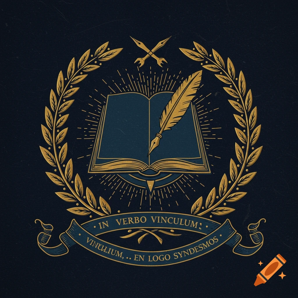 Crest with open book, feather quill, laurel wreath, and banner on dark background.