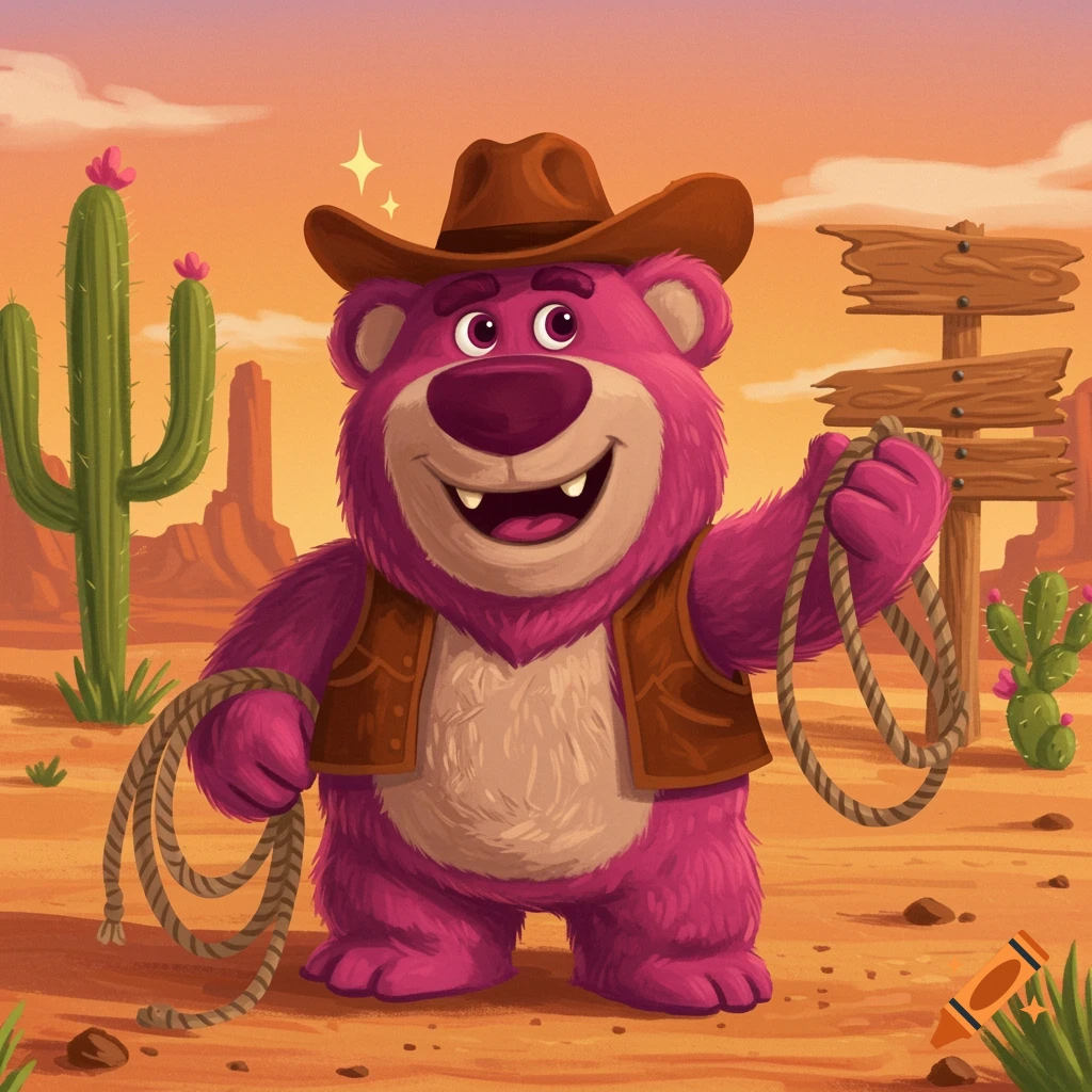 A pink bear in a cowboy hat holds a lasso in a vibrant desert landscape.