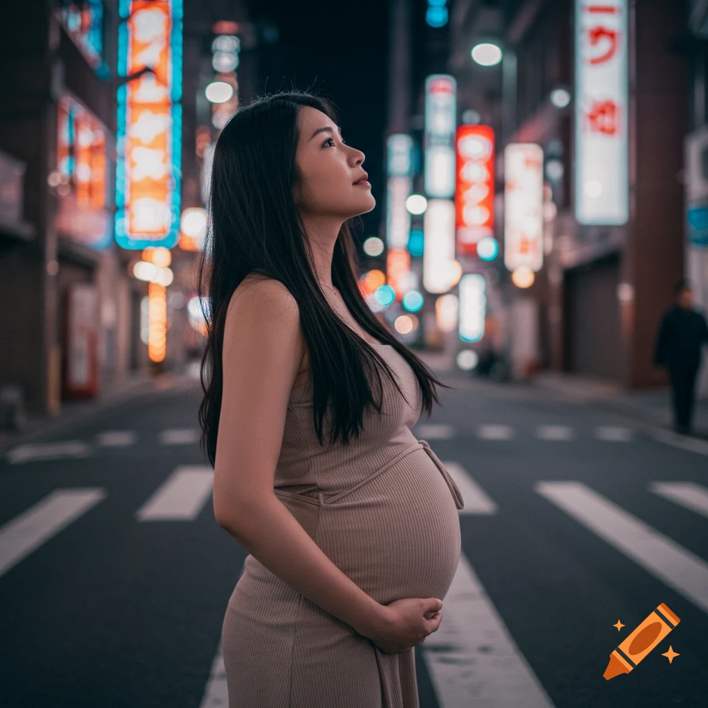 A pregnant woman stands on a street at night, holding her belly, with blurry neon lights in the background.