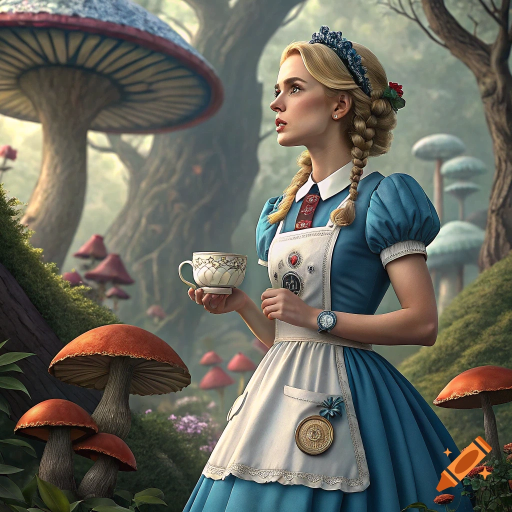 A woman in an Alice in Wonderland dress holds a teacup in a fantasy forest with giant mushrooms.