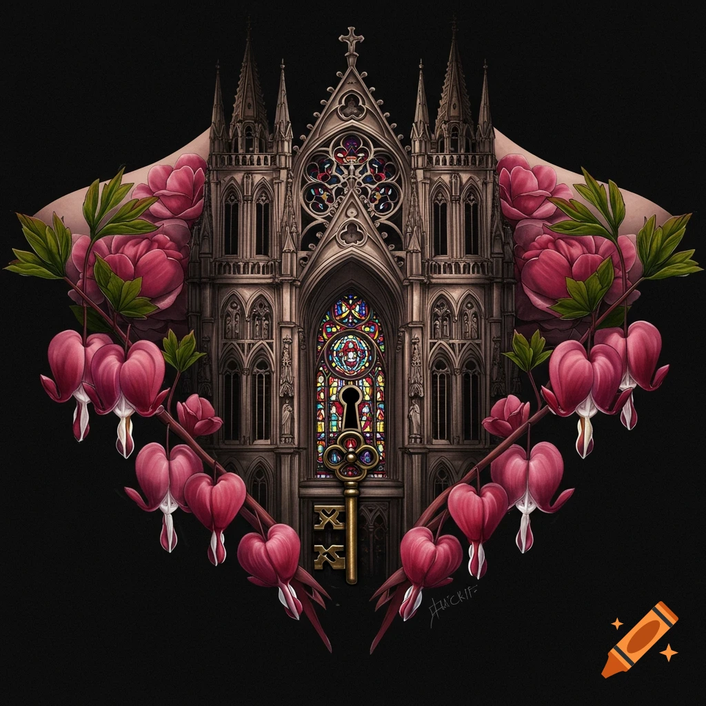 A gothic cathedral facade with a keyhole, framed by pink bleeding heart flowers and hands holding the stems, against a black background.