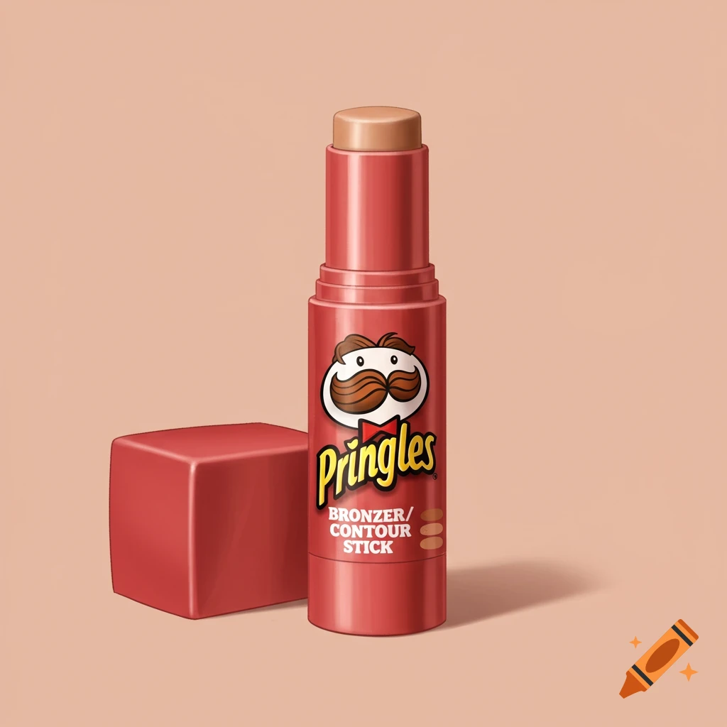 A red bronzer contour stick is styled like Pringles packaging and sits next to a red box.