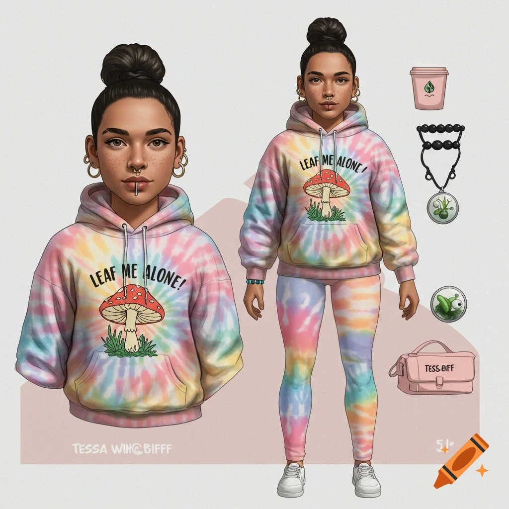 Illustration of a person wearing a tie-dye hoodie and leggings with a mushroom design and the text "Leaf me alone". Character design includes accessories.