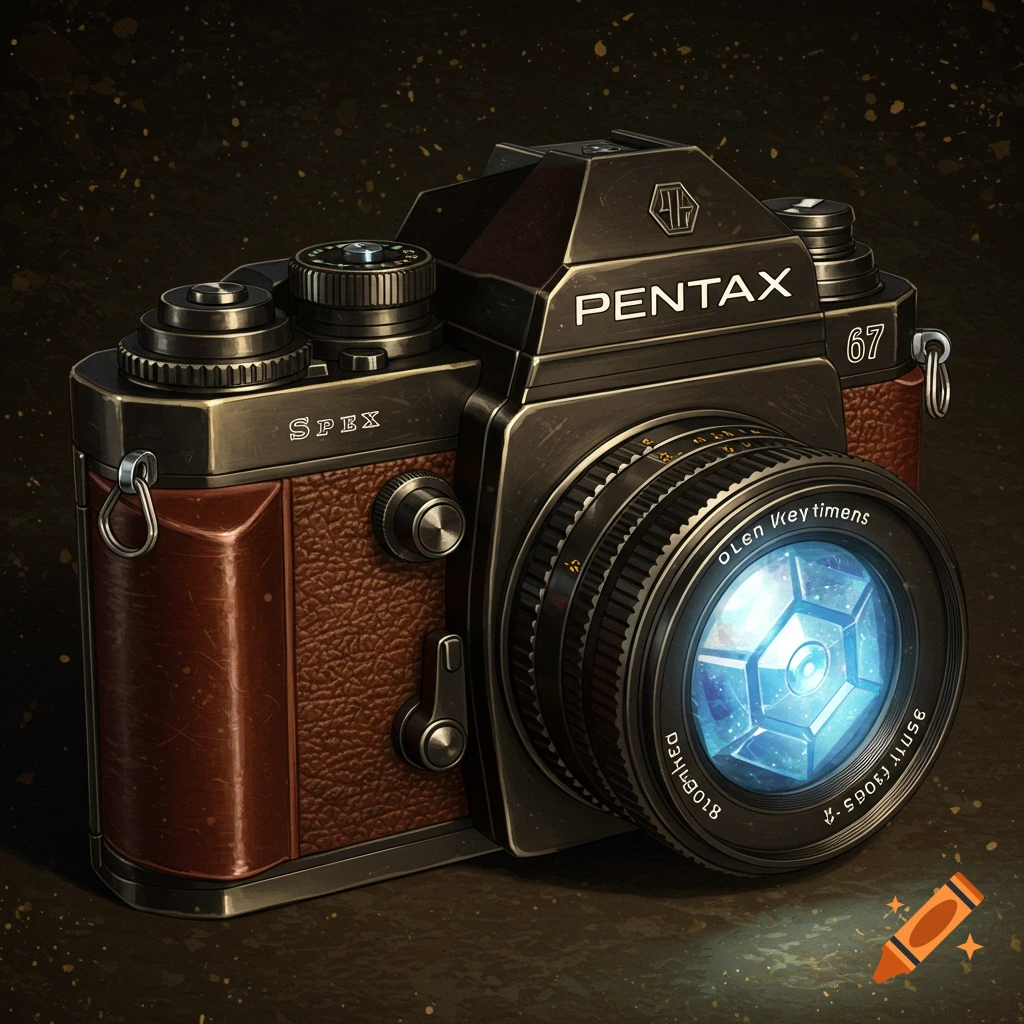A vintage camera with a glowing crystal key stone in the lens.
