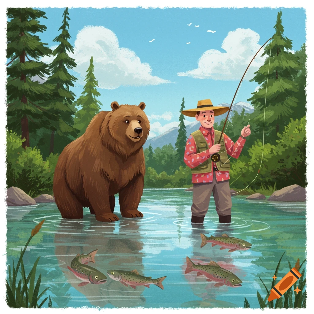 A man and bear fly fishing in a river