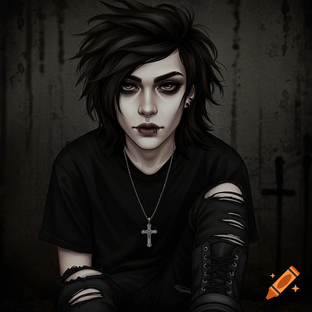 A person with dark hair and goth makeup wearing ripped clothes and a cross necklace.