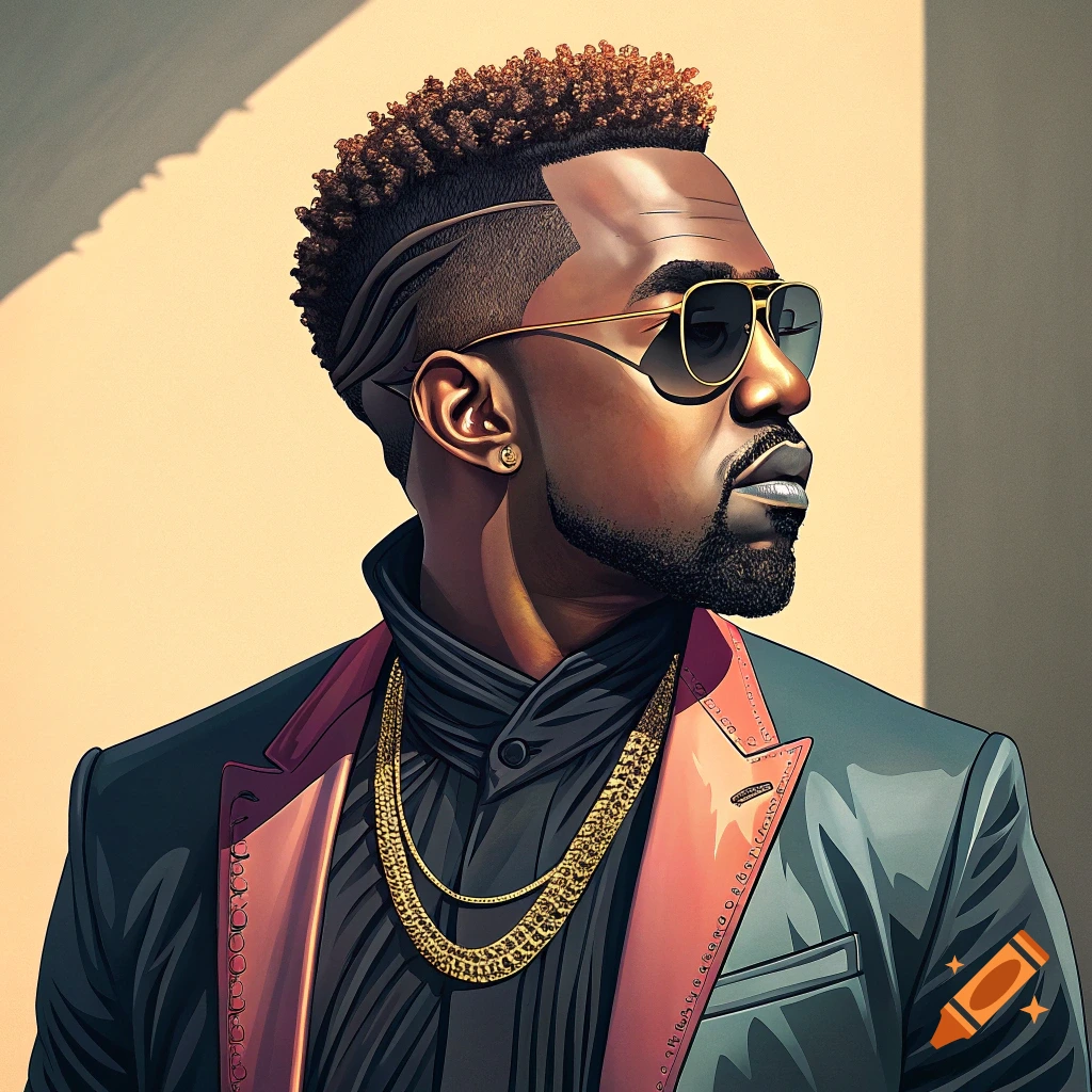 Stylized portrait illustration of a man resembling Kanye West in sunglasses and gold chains.