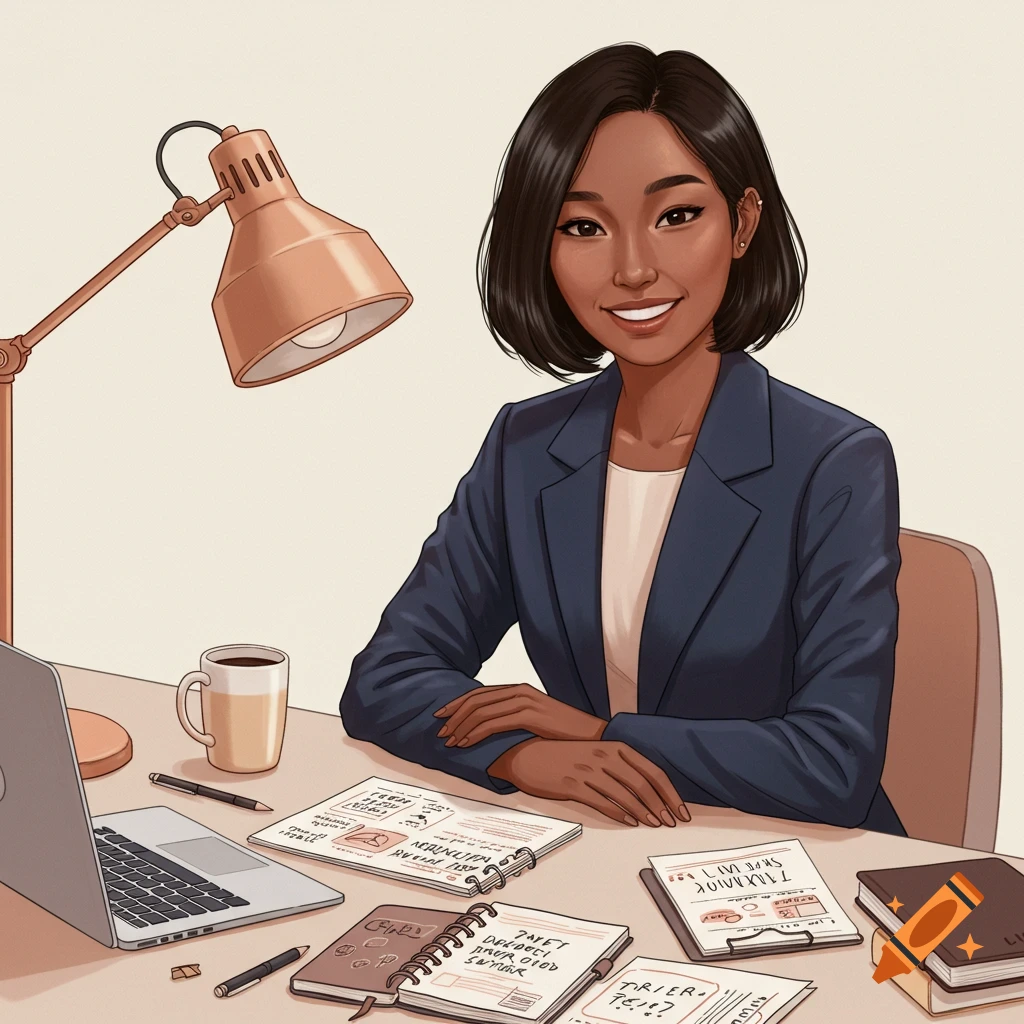 A smiling woman is seated at a desk with a laptop, lamp, and notebooks.