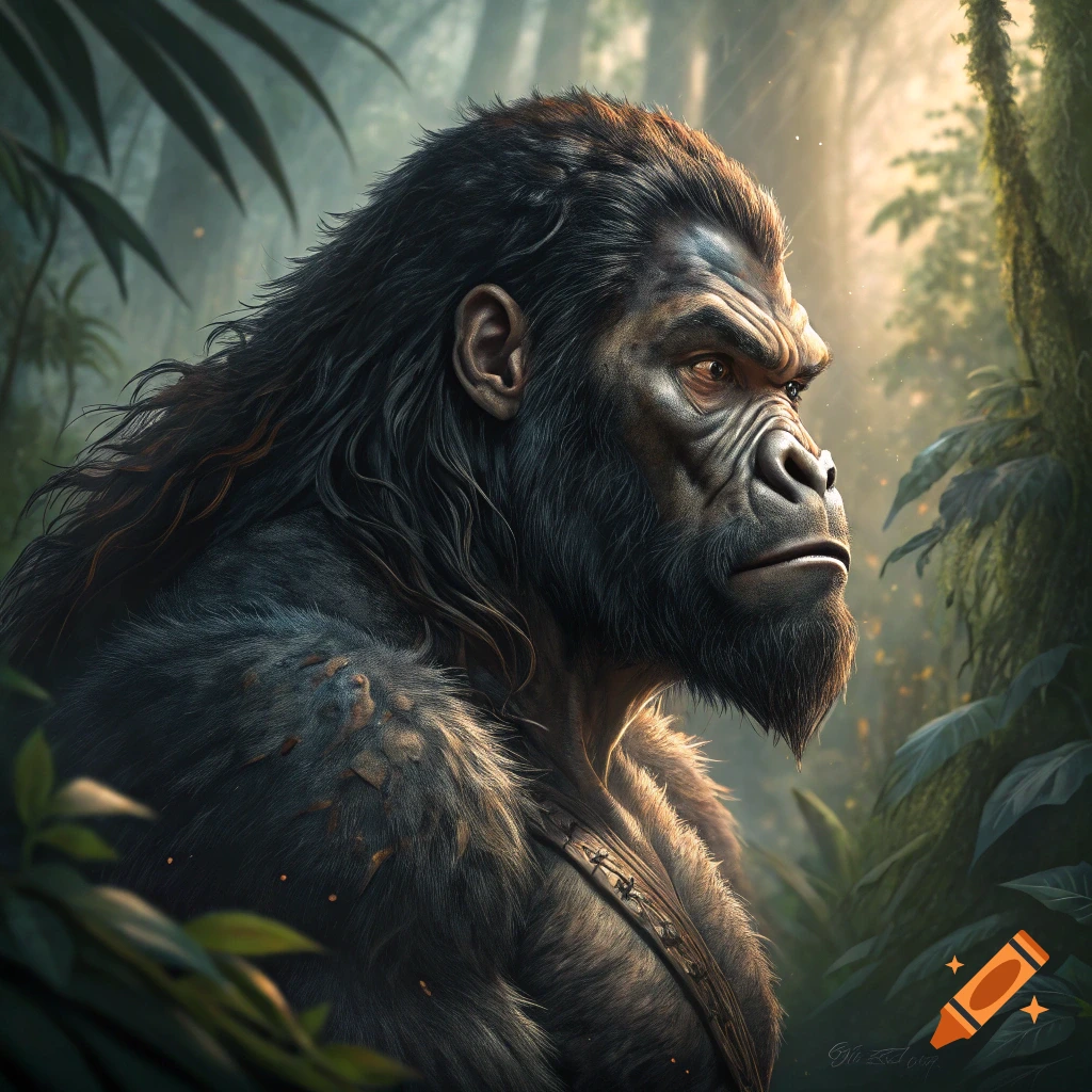 Detailed portrait of a muscular gorilla creature with long hair in a sunlit jungle.