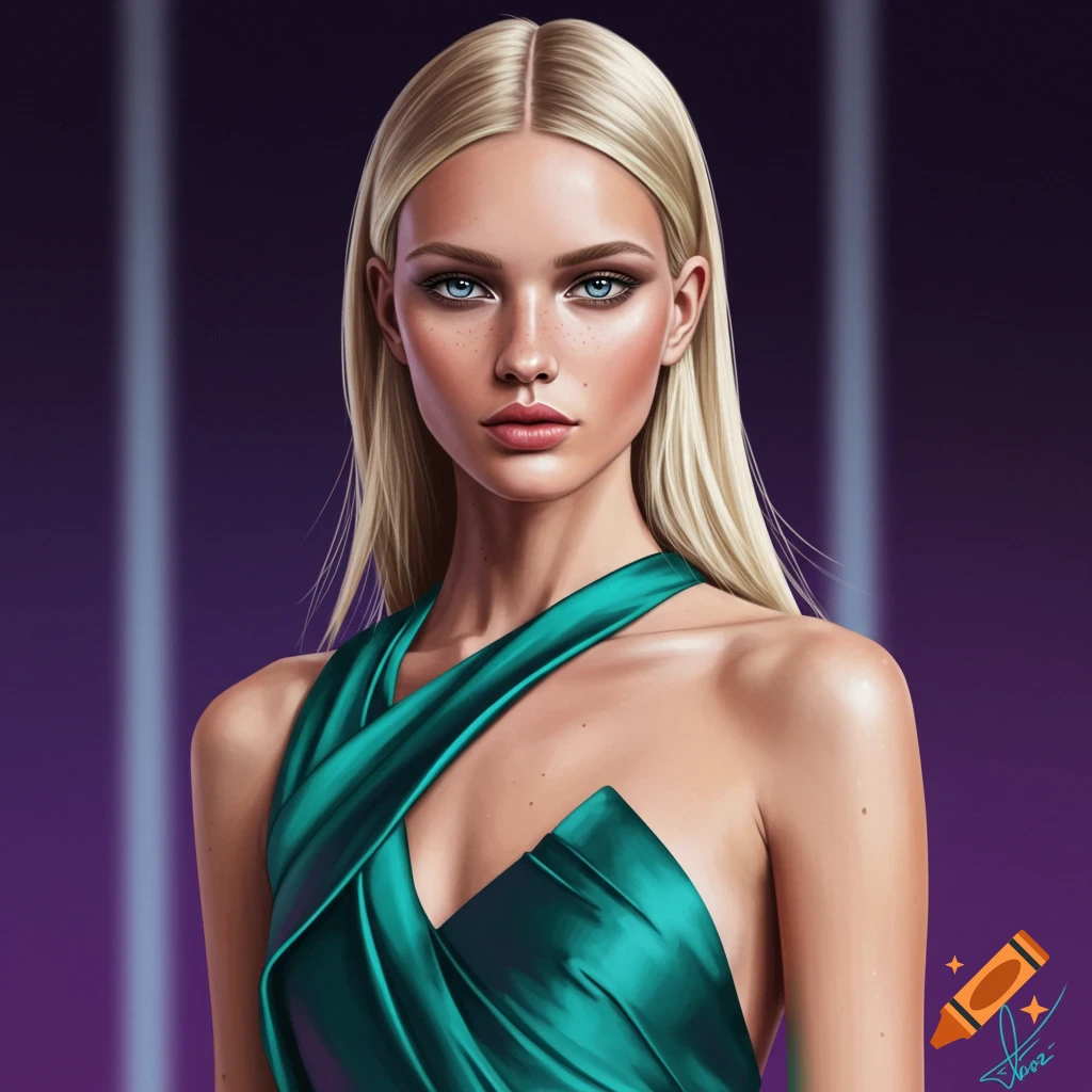 A blonde woman with blue eyes wearing a green dress.