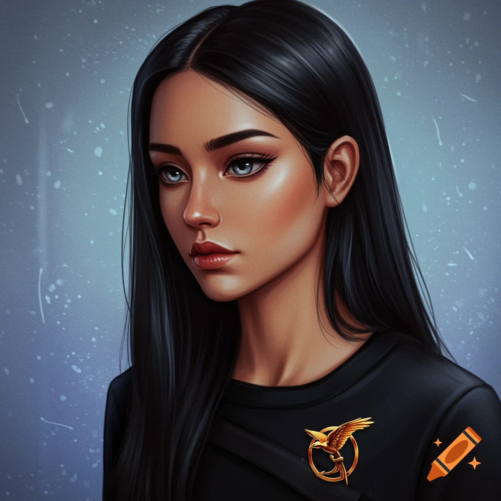 A girl with black hair, grey eyes, and olive skin wears a black shirt with a gold Mockingjay pin.