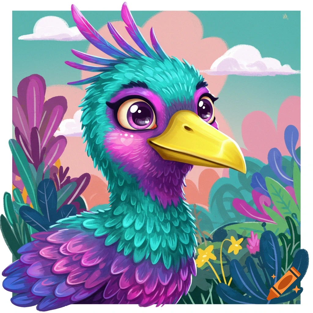 A vibrant, stylized image of a colorful fantasy bird with large eyes in a lush, bright forest.