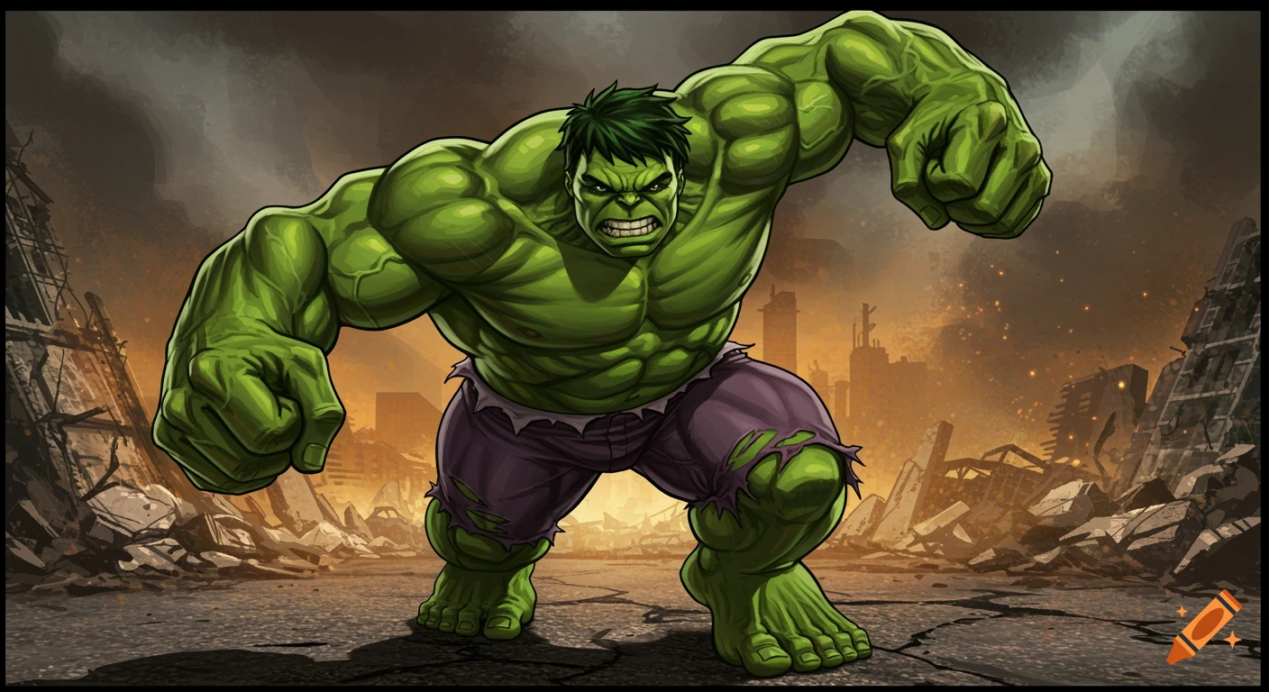 The Hulk in a comic book style stands ready to punch in a ruined city.
