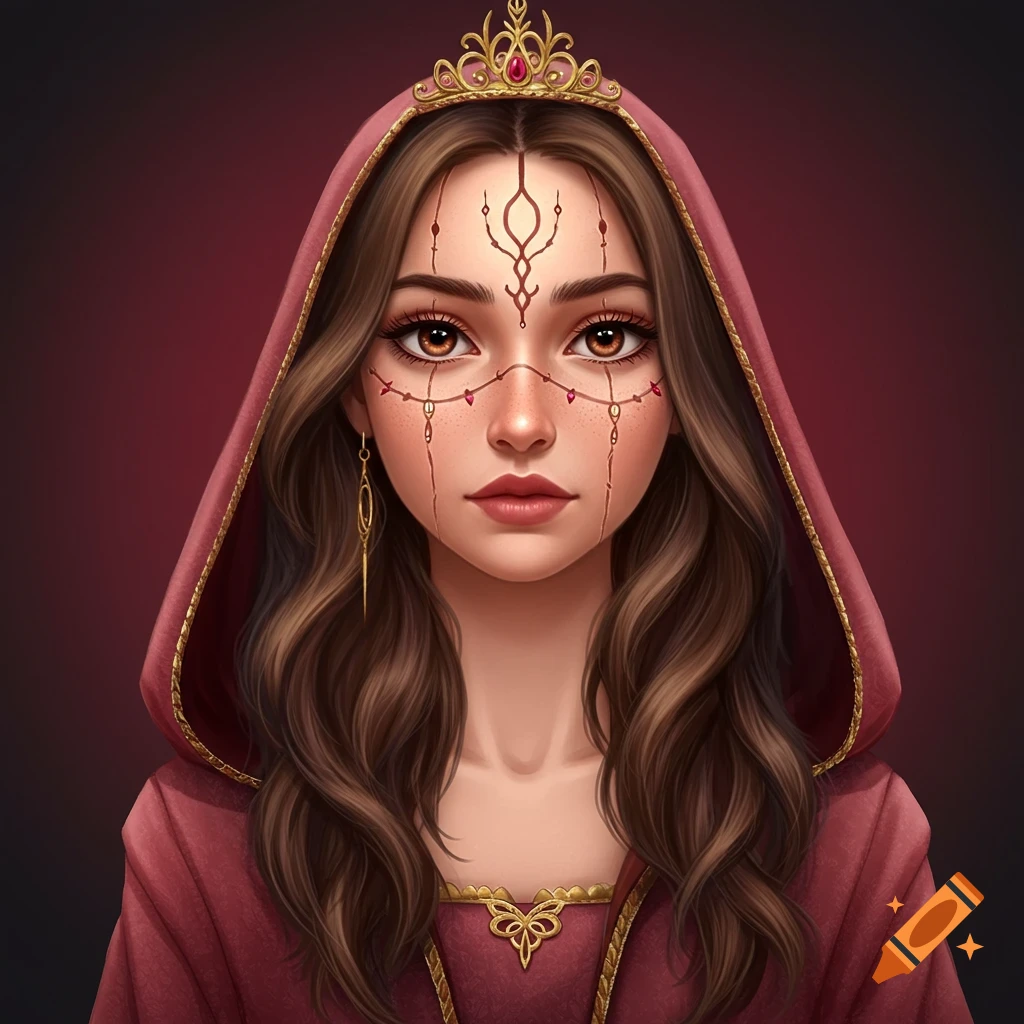 A princess with a hooded dress, crown, and ornate face markings.