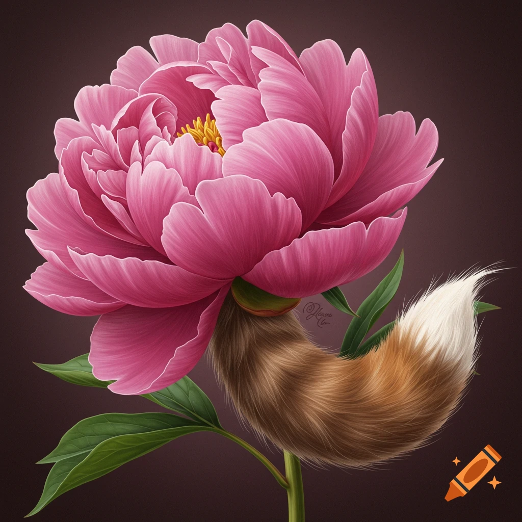 Pink peony flower with a furry fox tail emerging from its base.