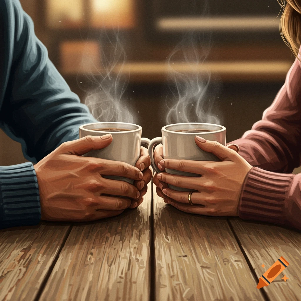Closeup of two people's hands holding steaming coffee mugs on a wooden table.