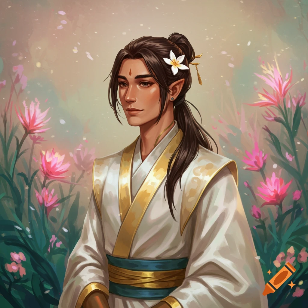 A fantasy character with pointed ears is depicted wearing traditional clothing, surrounded by pink flowers.