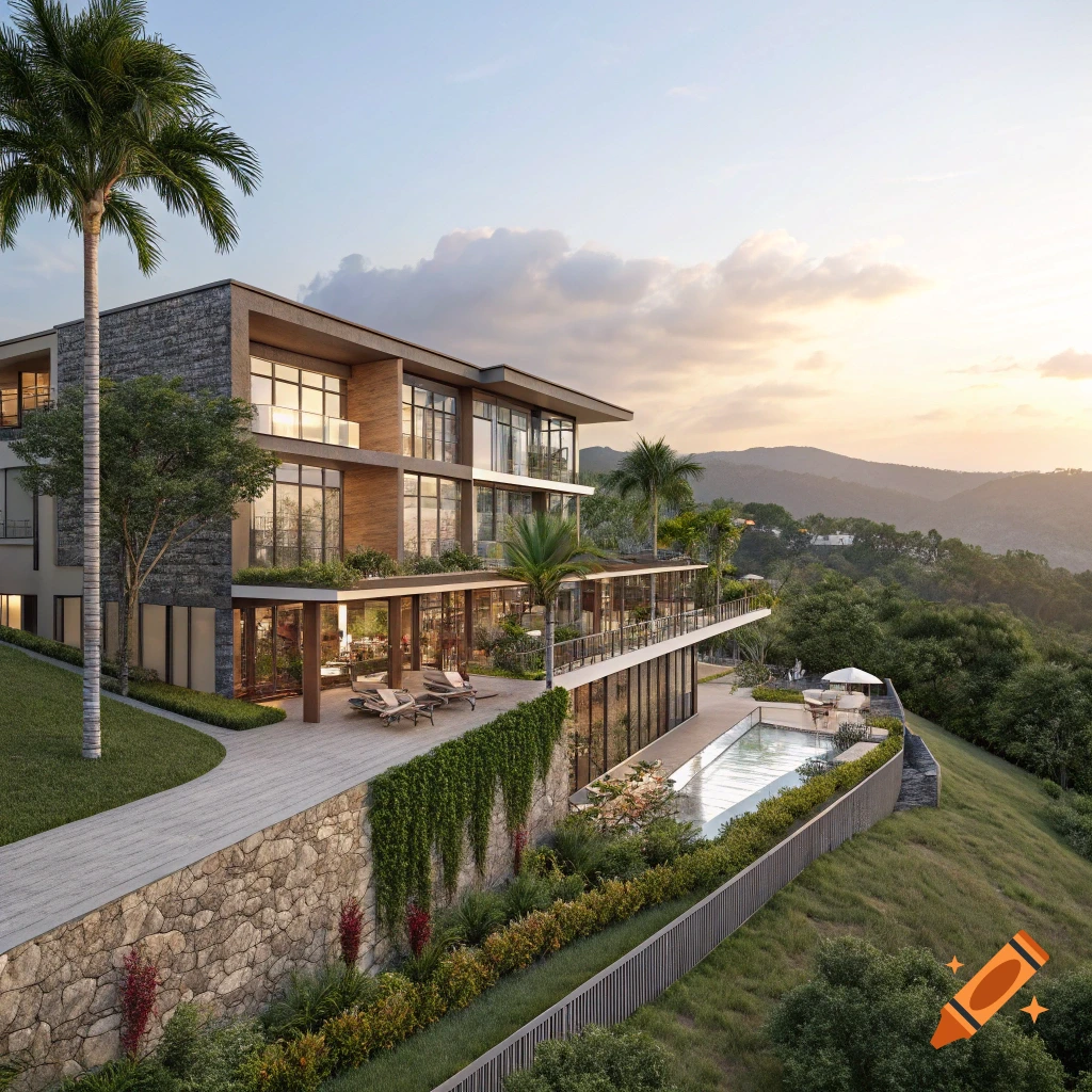 Modern luxury building with pool and terraces on a tropical hillside overlooking mountains at sunset