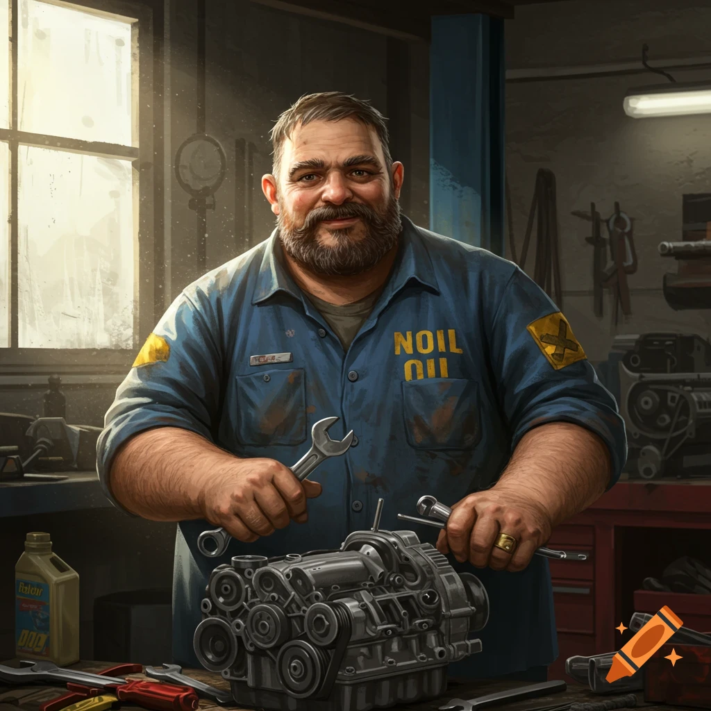 A mechanic in a workshop holding tools and working on an engine.