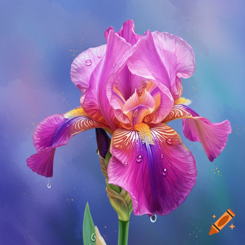 A pink iris flower with water droplets on its petals on a blue background.