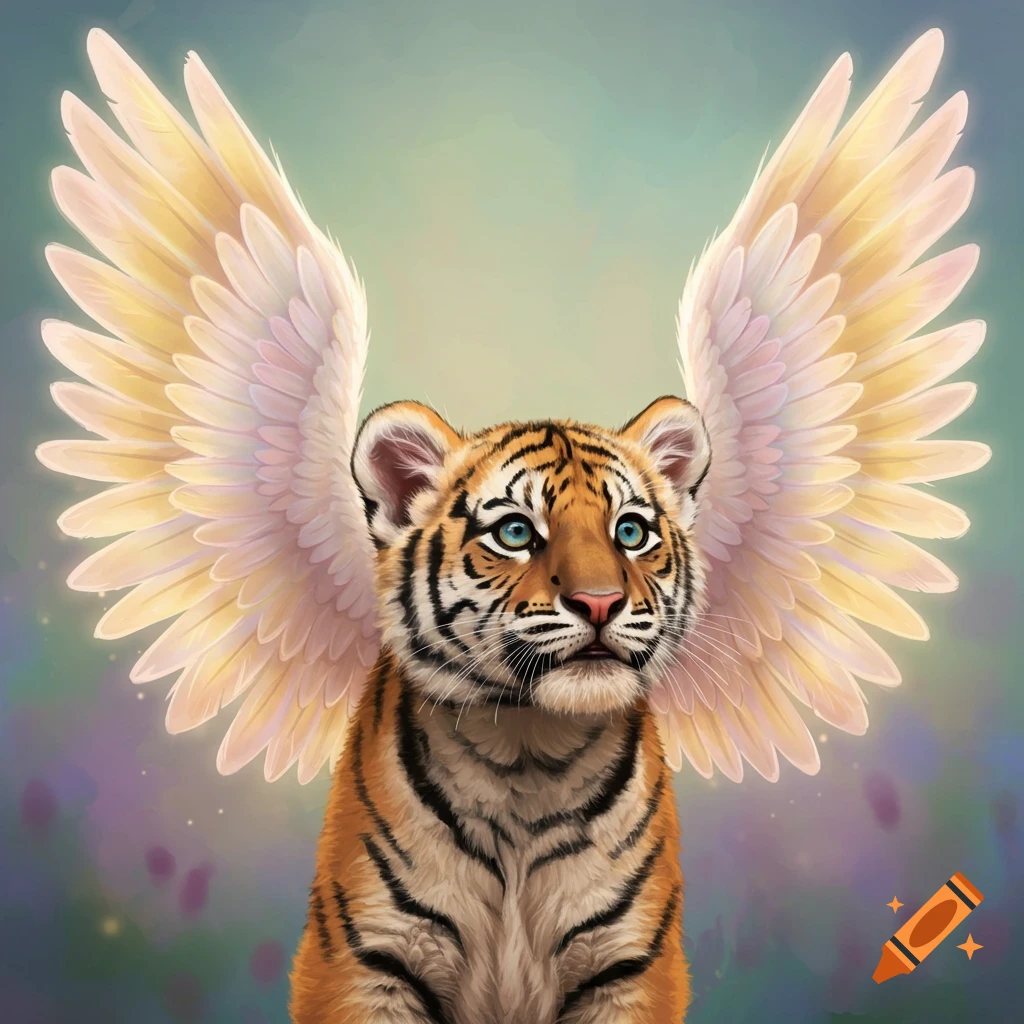 A cute baby tiger with large, glowing feathered wings.