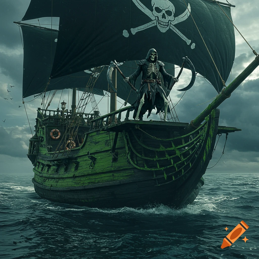 Grim Reaper stands on the deck of a green pirate ship with a skull flag sailing on a stormy sea.