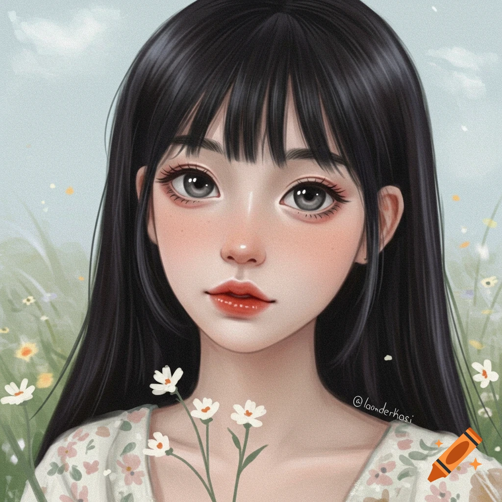 A girl with black hair and grey eyes is in a field of flowers.