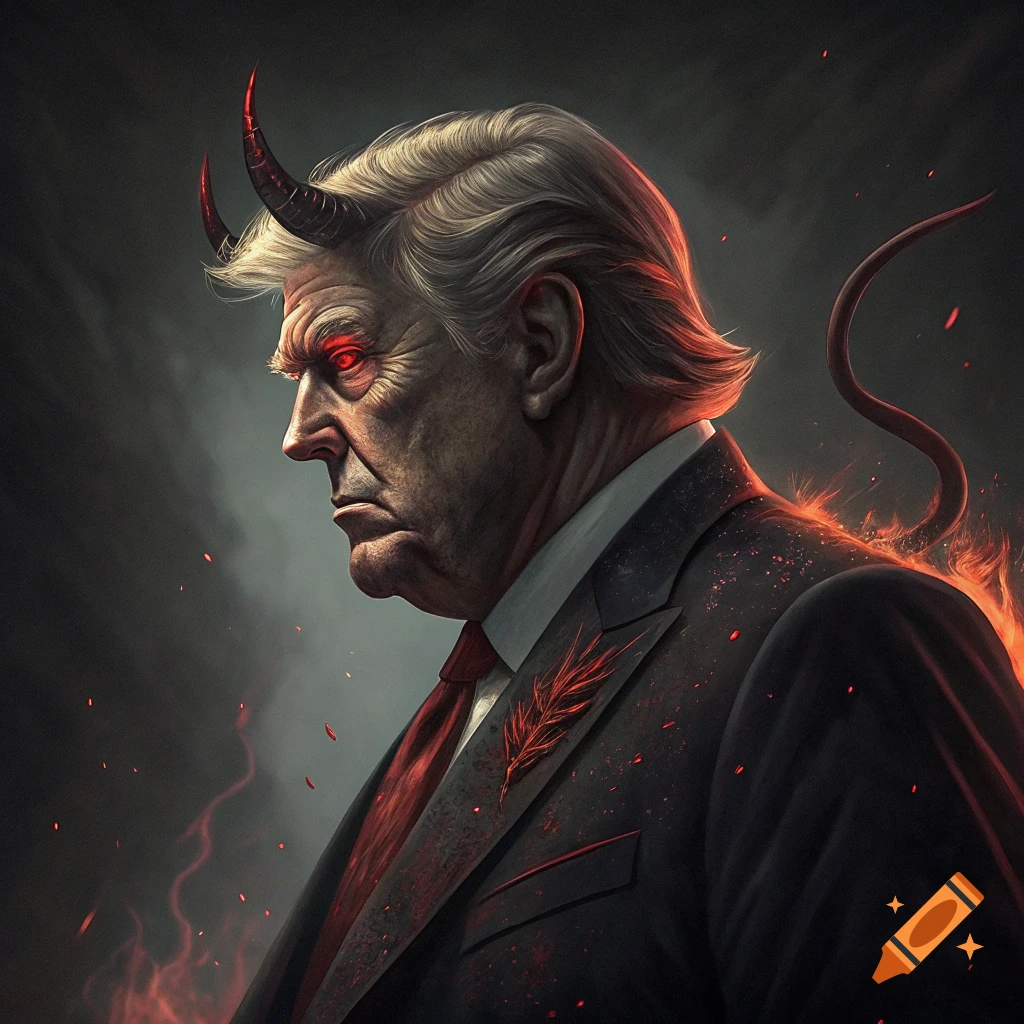 An image of a man resembling Donald Trump with devil horns, red eyes, and fire.