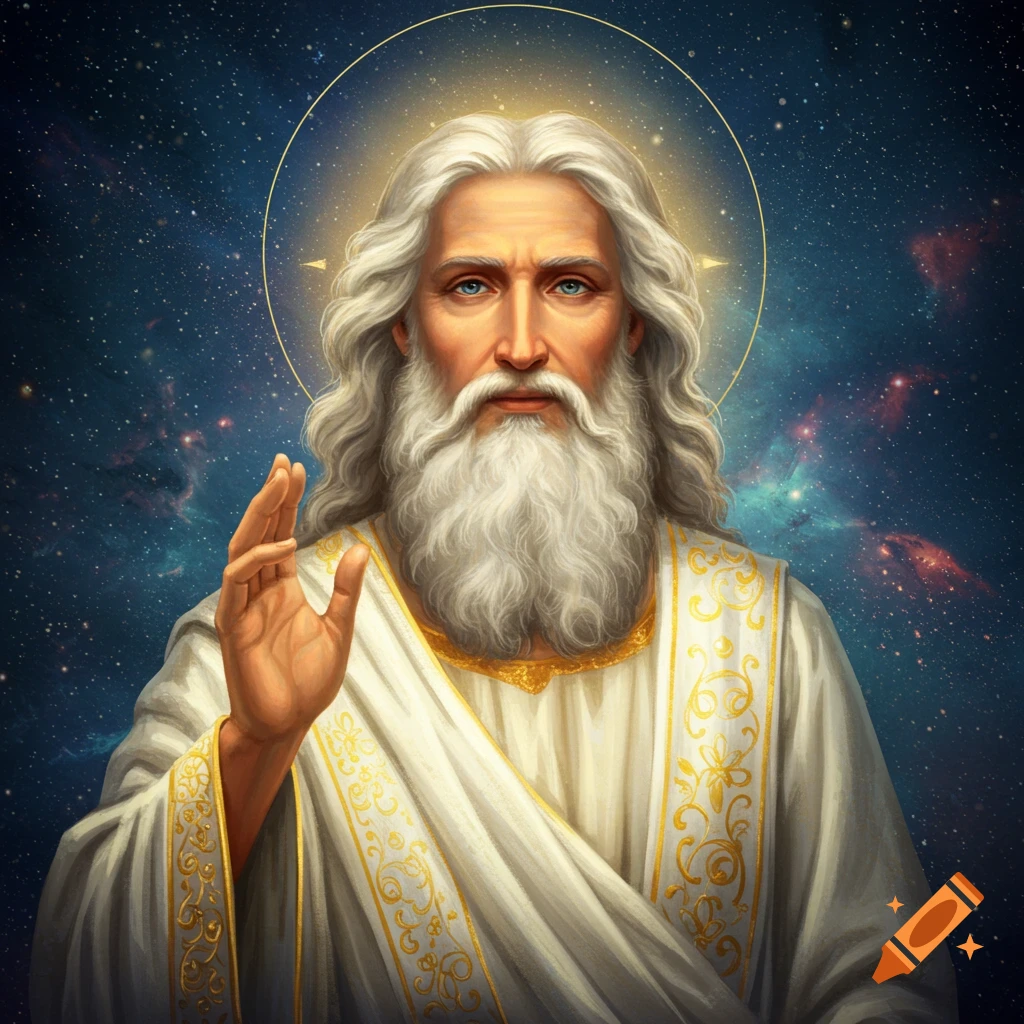 A figure resembling God with white hair and beard, wearing white robes, hand raised in blessing, against a starry background.
