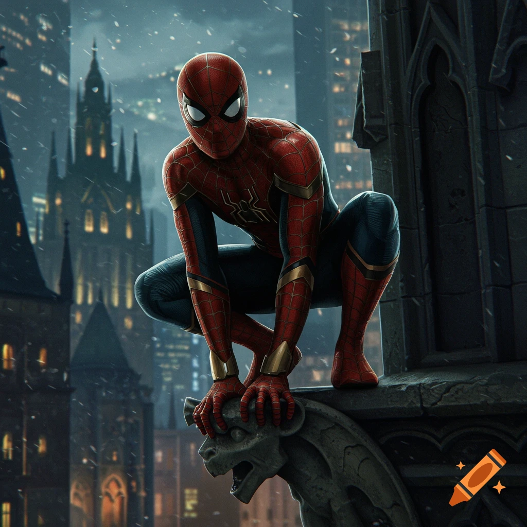 Spiderman is crouching on a gargoyle overlooking a city.