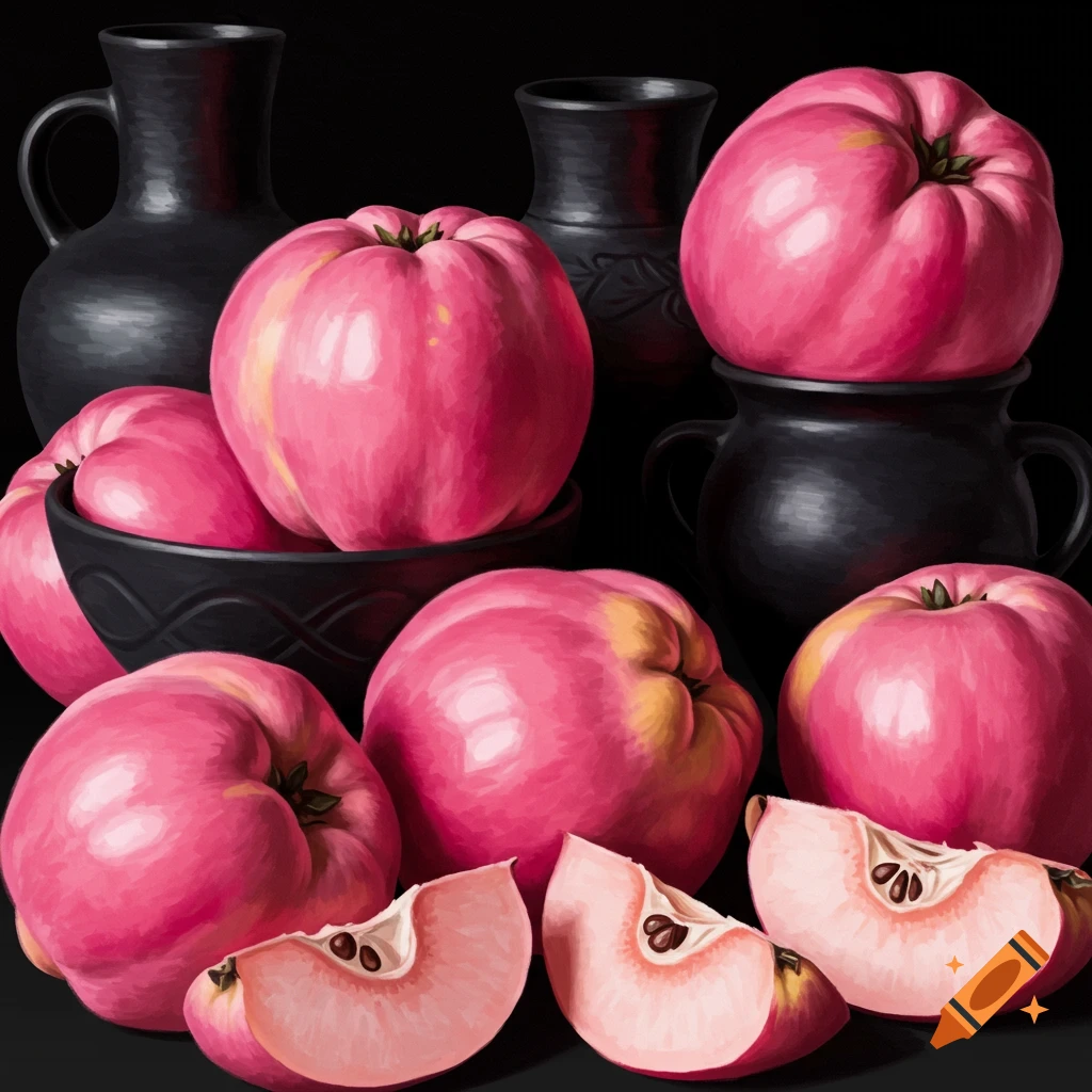 Pink quinces or apples arranged with black pottery.